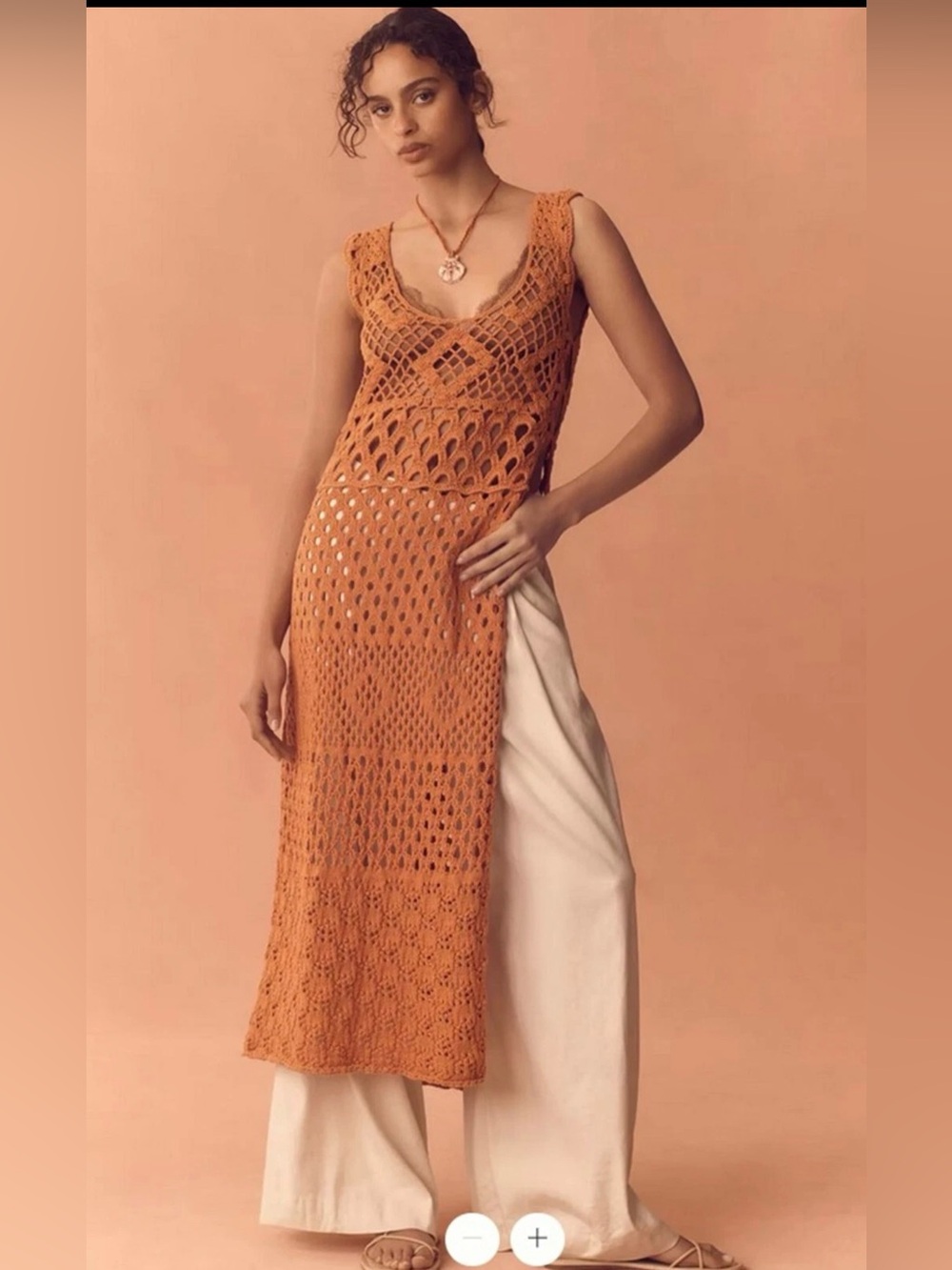 Anthropologie Linen Crochet Openwork Tunic Sweater Dress Orange Midi Coverup